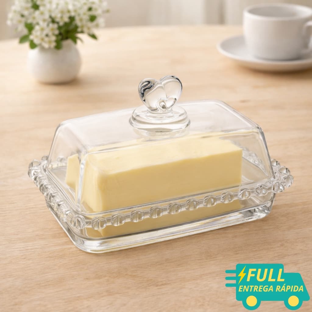 Manteigueira Porta Manteiga Grande 17cm de Cristal Pearl Coração ou Bolinha Transparente Lyor