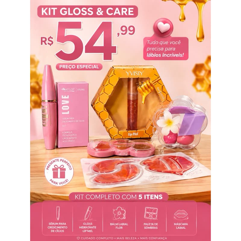 Kit de Maquiagem Completo Lip Mel + Sérum para Cílios + Paleta + Balm + Máscara