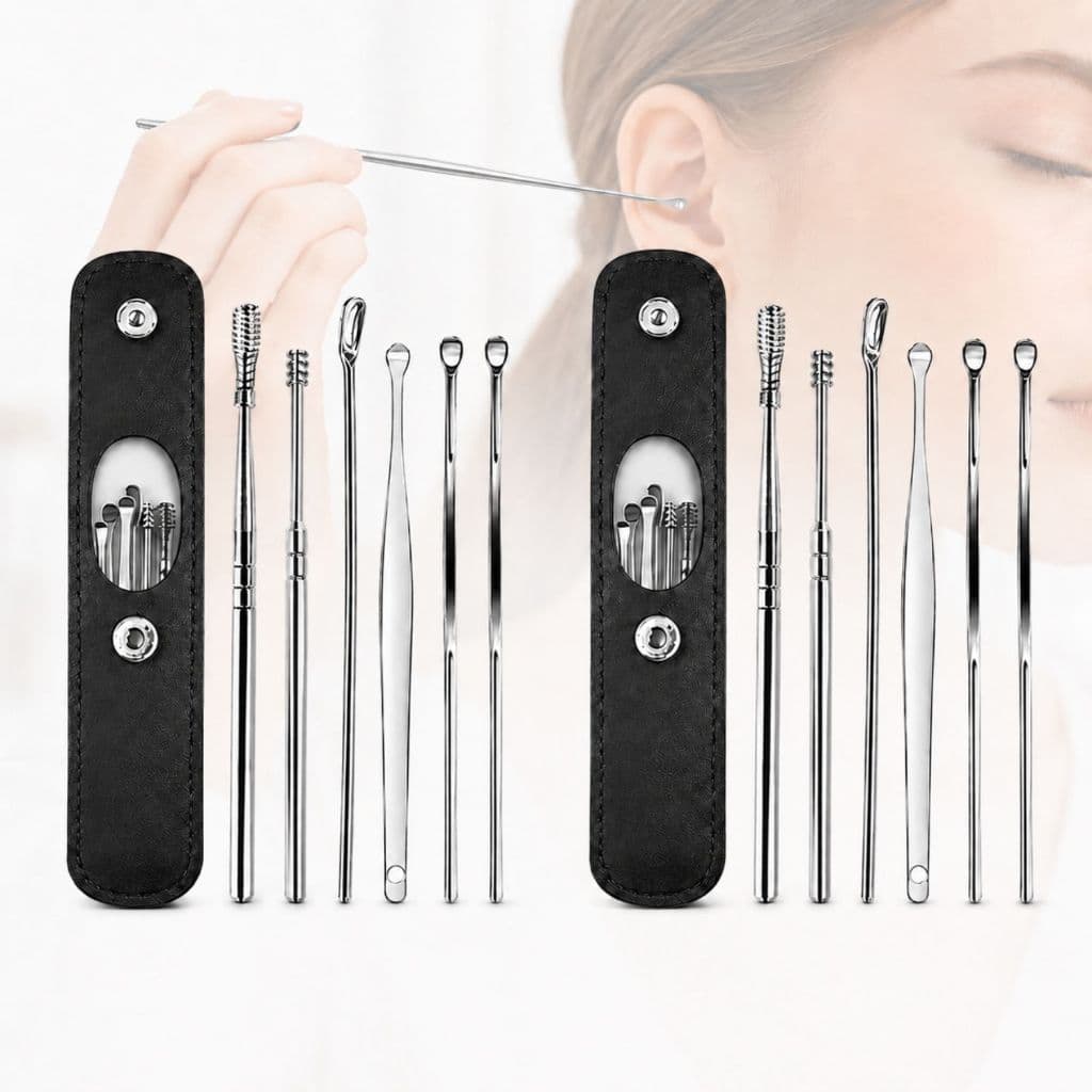 Kit Limpeza de Ouvido 12 / 06 Peças Aço Inox Removedor de Cera com 2 Estojos Portáteis