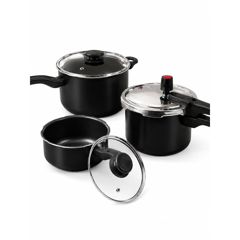 Kit Panelas de Pressão 3 Peças – 2 Panelas de Pressão + 1 Panela com Tampa de Vidro | Preto