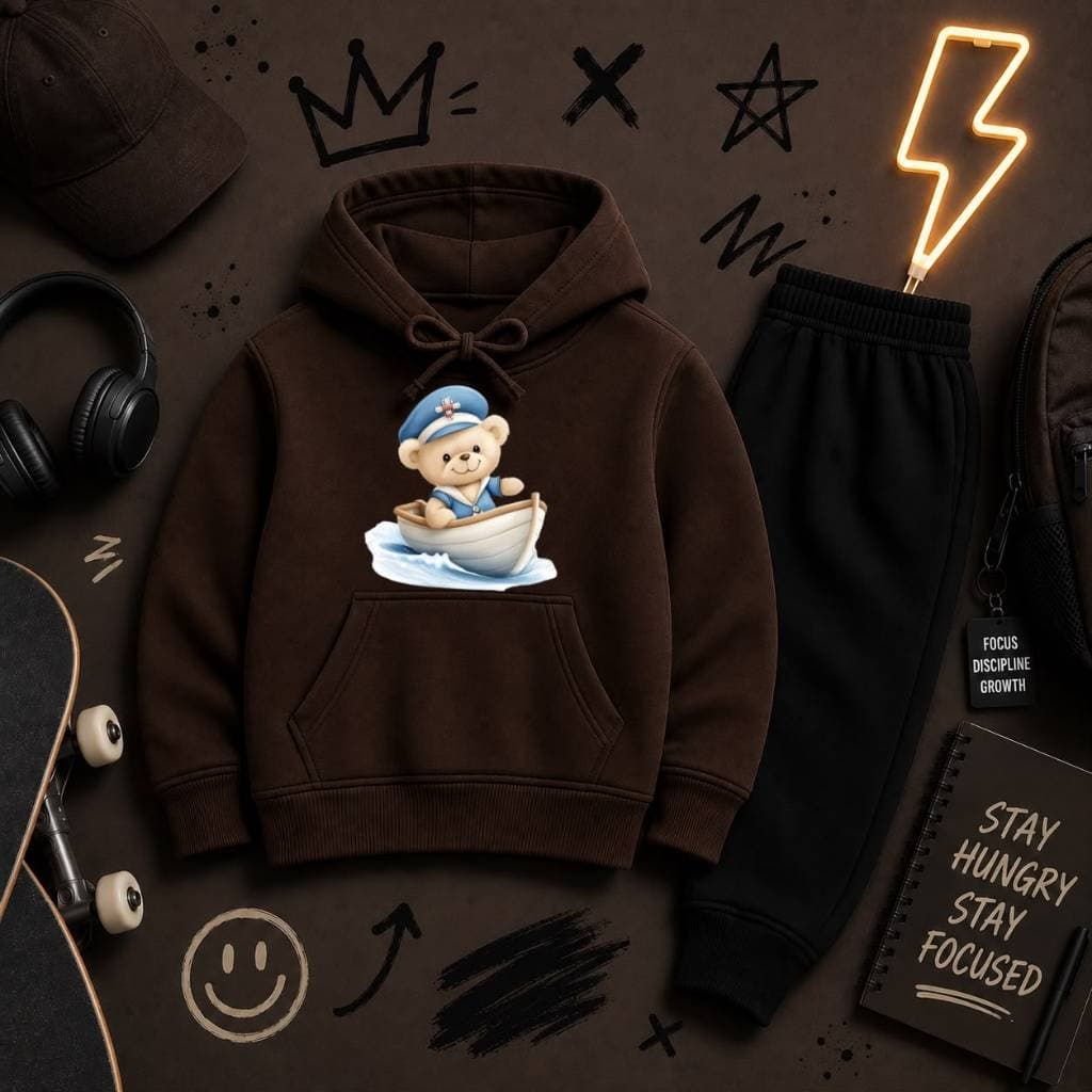 1. Conjunto Moletom Infantil Canguru Flanelado com Capuz Inverno Estampa Ursinho Marinheiro Confortável Quentinho