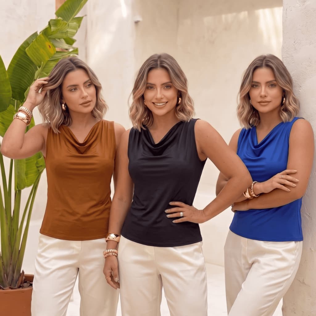 Blusinha Feminina Gola Boba Drapeada em Suplex Elegante M G GG