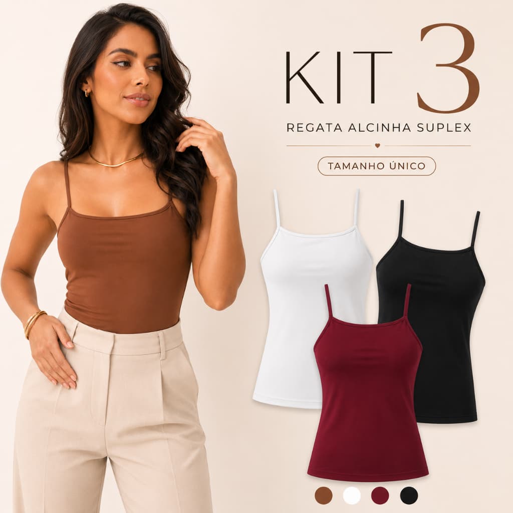 Kit 3 Blusa Regata Feminina Suplex Básica Alça Fina Lisa Forro Duplo Busto Blusinha