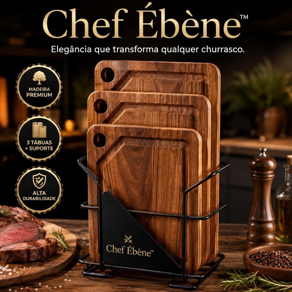Kit 3 Tábuas de Madeira para Churrasco com Suporte Metálico Organizador Premium | Chef Ébène™