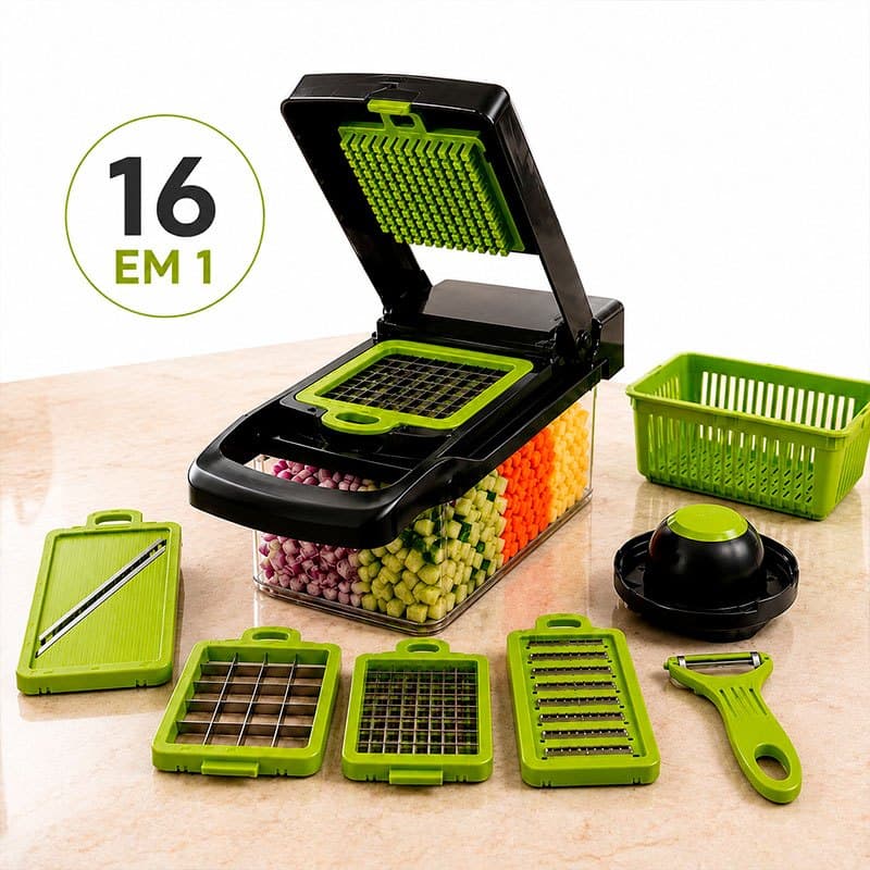 Fatiador de Legumes e Frutas Profissional 16 Em 1 Cortador Com Lâminas Inox Para Cozinha