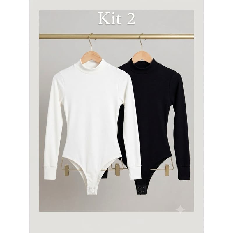 Kit 2 Body Feminino Gola Alta Manga Longa Suplex Premium Com Elastano Segunda Pele Básico