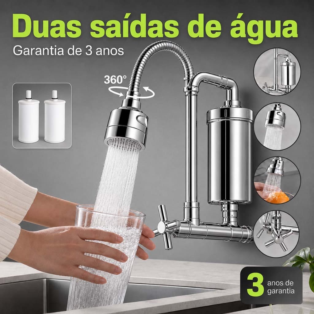 Torneira Gourmet Cozinha Com Filtro Parede Pia em Metal Dois Jatos Flexível 1/4 de Volta