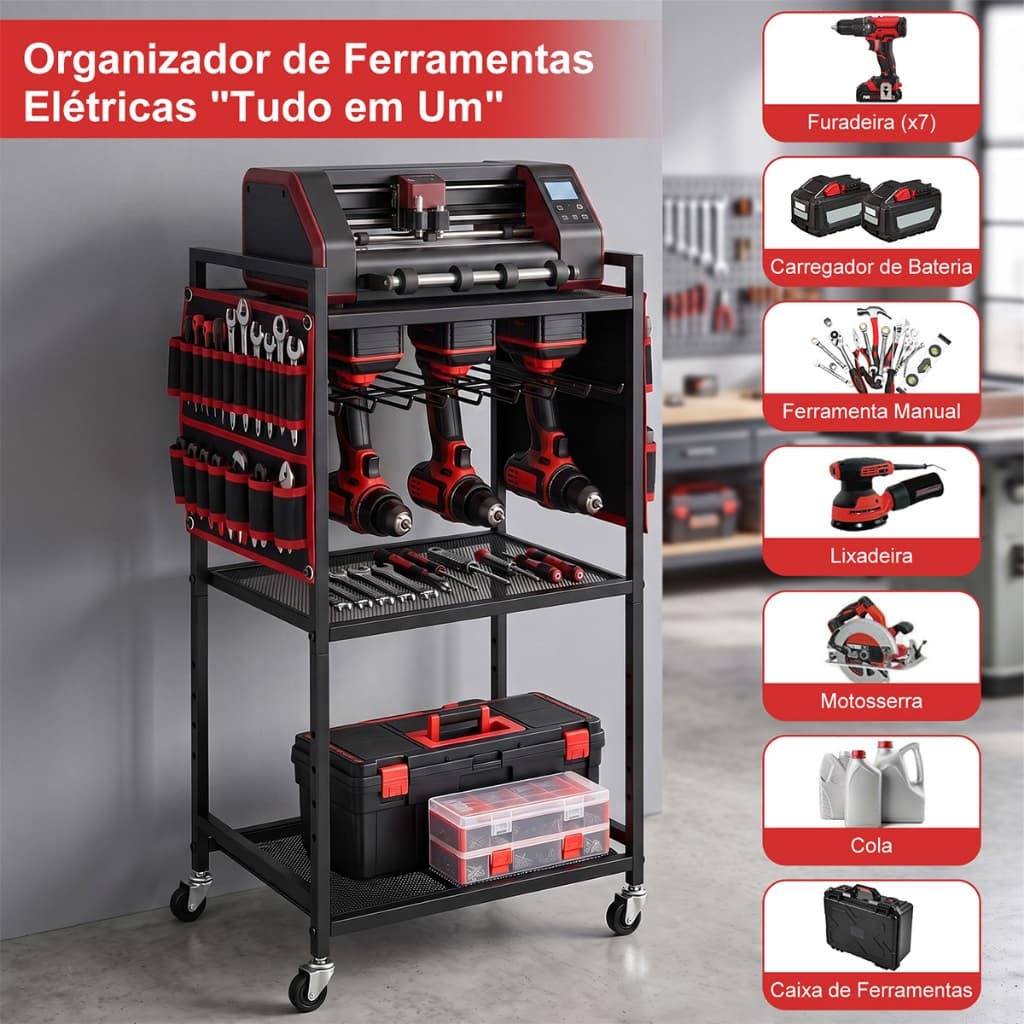 Carrinho Organizador de Ferramentas Elétricas Grande para Garagem, Suporte para Baterias de Furadeiras e Ferramentas Res