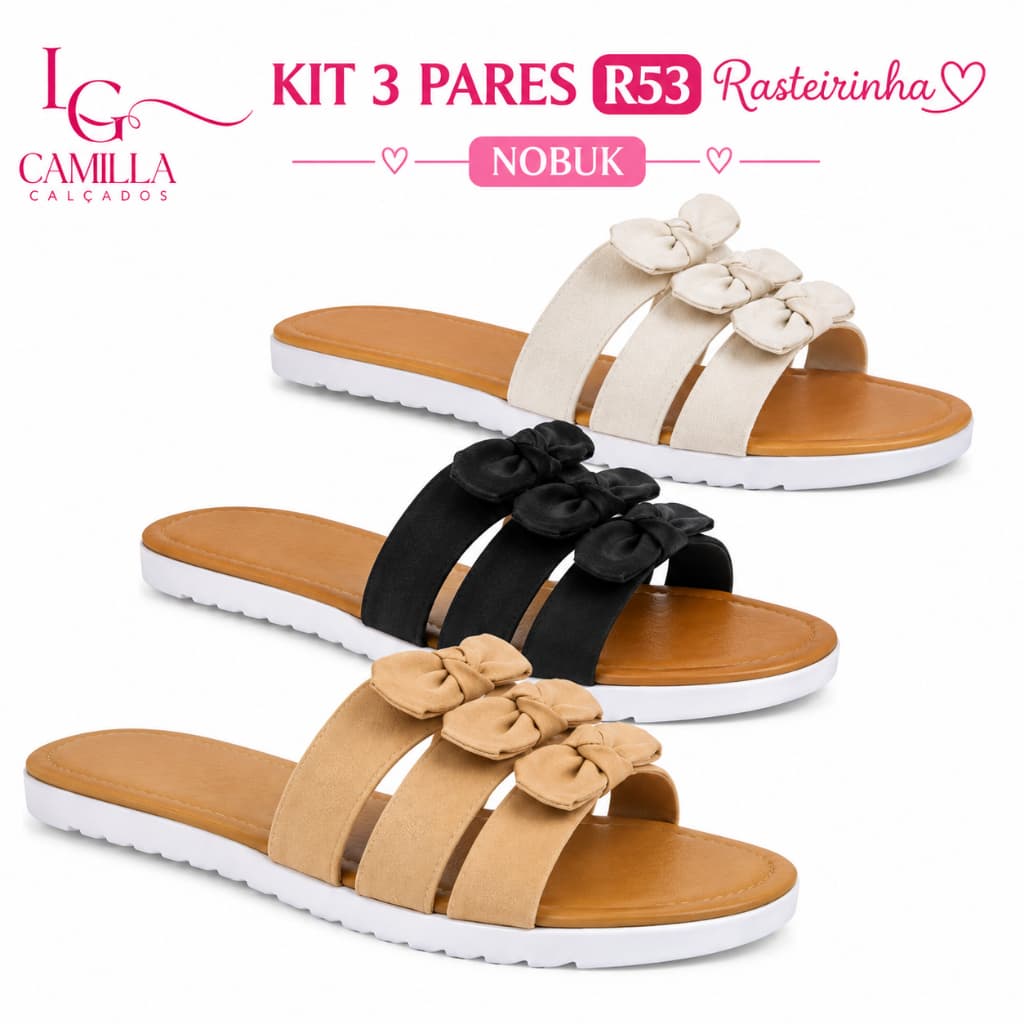 Chinelo feminino Rasteirinhas Kit 3 Pares Slide Lacinhos Antiderrapante Dia a Dia Trabalho Conforto