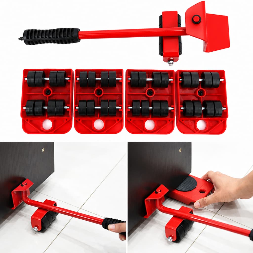 SUPORTE PARA MOVER ELETRODOMÉSTICOS - KIT COM 4 BASES COM 8 RODÍZIOS CADA E 1 ALAVANCA DE ELEVAÇÃO - SUPORTA ATÉ 150kg