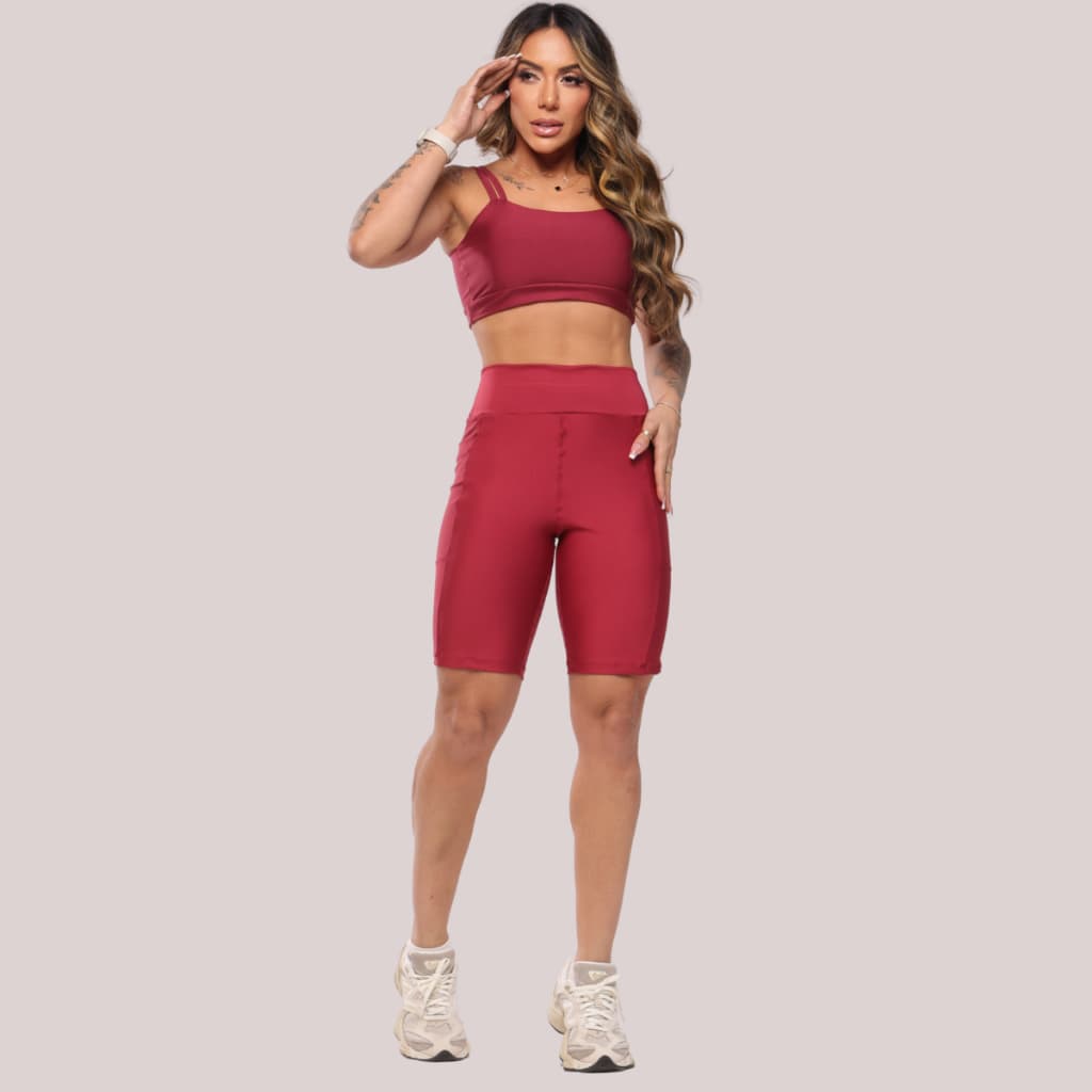 Conjunto Fitness Academia Feminino Short Legging Com Bolso +Top De Alça Dupla Treino e Corrida