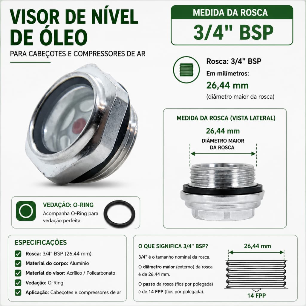 Visor De Óleo Com Rosca De 3/4 Compressor De Ar Cabeçote
