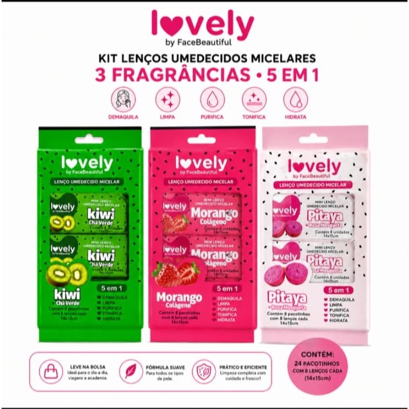 Lenço Umedecido Micelar Kit 3 pacote Lovely 5 em 1 3 Fragrâncias Kiwi Morango Pitaya Demaquilante Limpeza Facial
