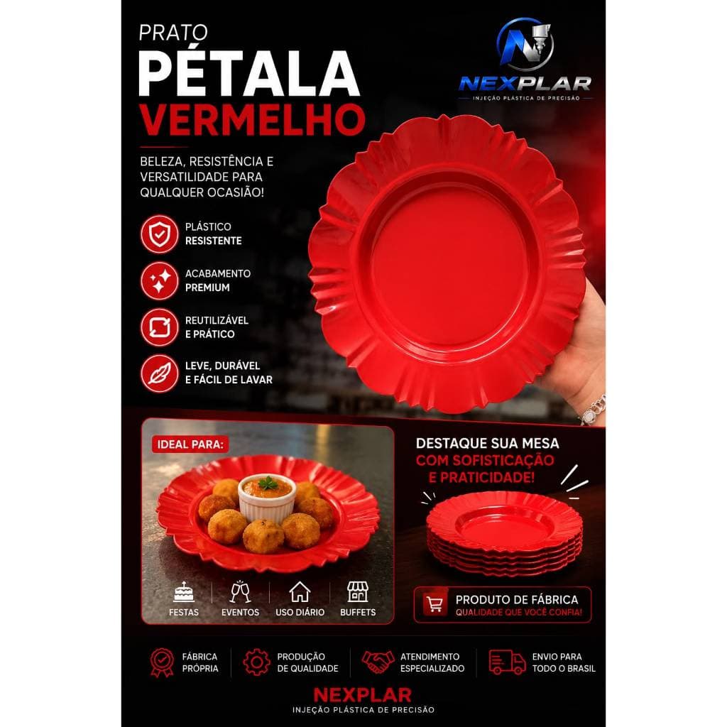 KIT 10/20/30 PRATO PÉTALA PLÁSTICO VERMELHO REUTILIZÁVEL FUNDO PARA JANTAR SOBREMSA BUFFET CHURRASCO LANCHONETE CASA