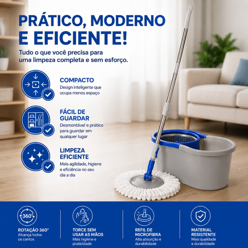 Mop Giratório 13 Litros Balde Reservatório Alça Ergonômica Prático Resistente