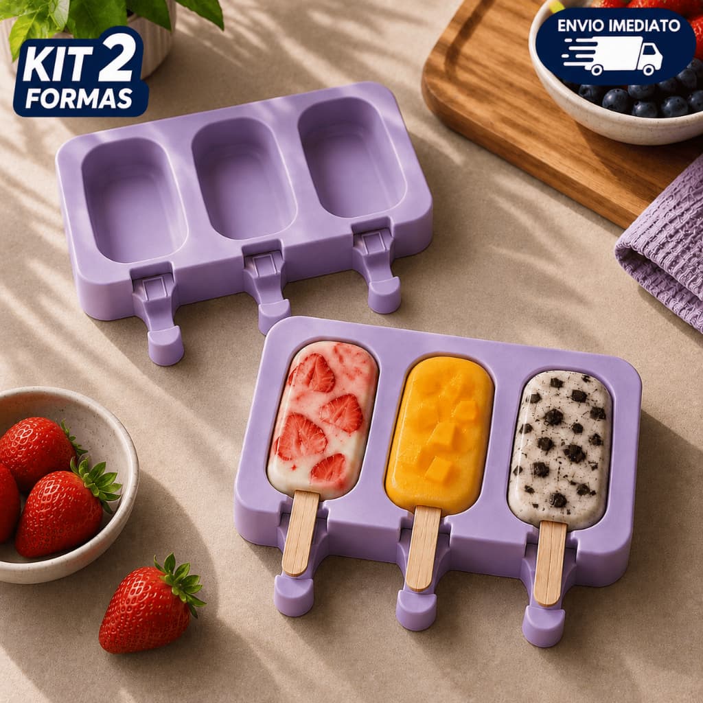 KIT 2 Molde Forma Picolé Silicone Sorvete com 100 Palitos Magnum