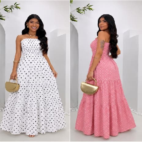 Vestido Longo Feminino Tomara que Caia Estampado Poá Bolinha Moda Feminina Verão Tendencia  2026