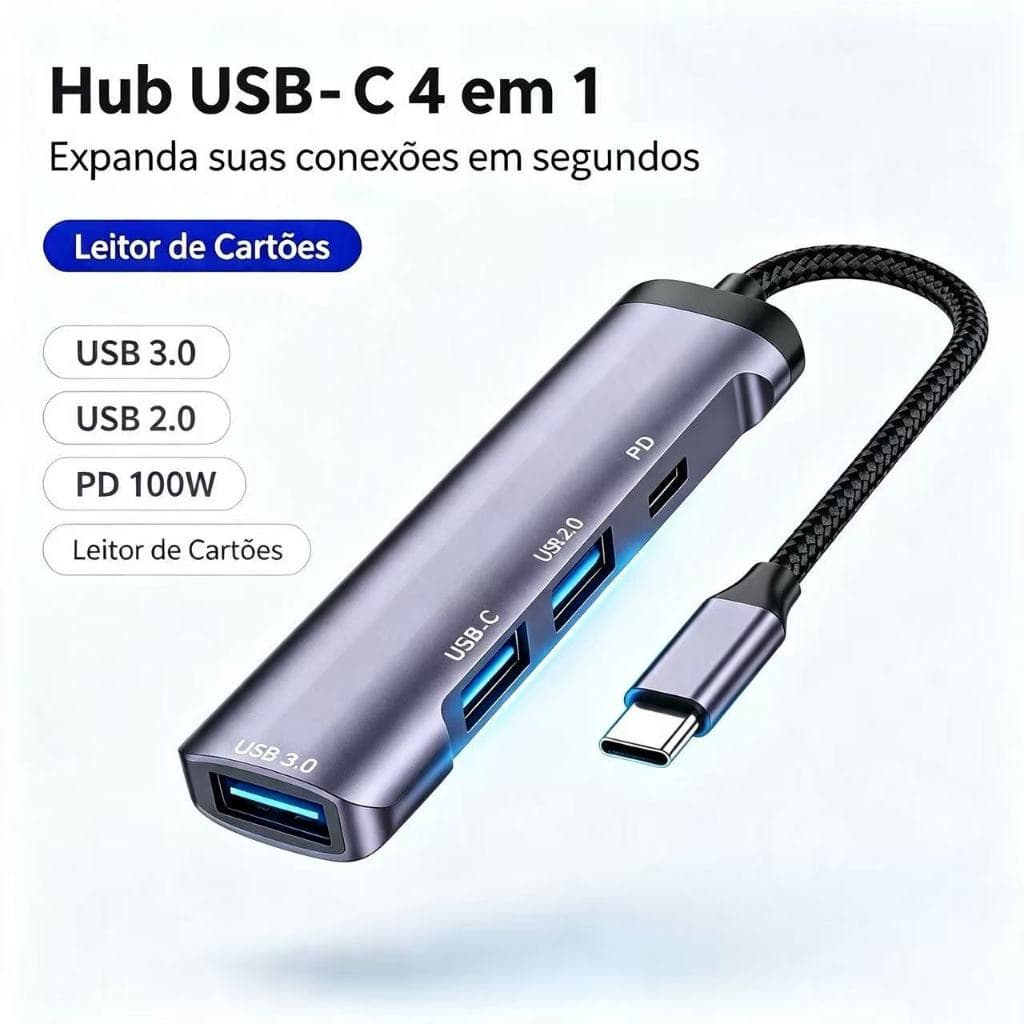 Hub Adaptador USB‑C 4 em 1, 1 Porta USB 3.0 5Gbps + 3 Portas USB 2.0 Plug and Play para Notebook Celular