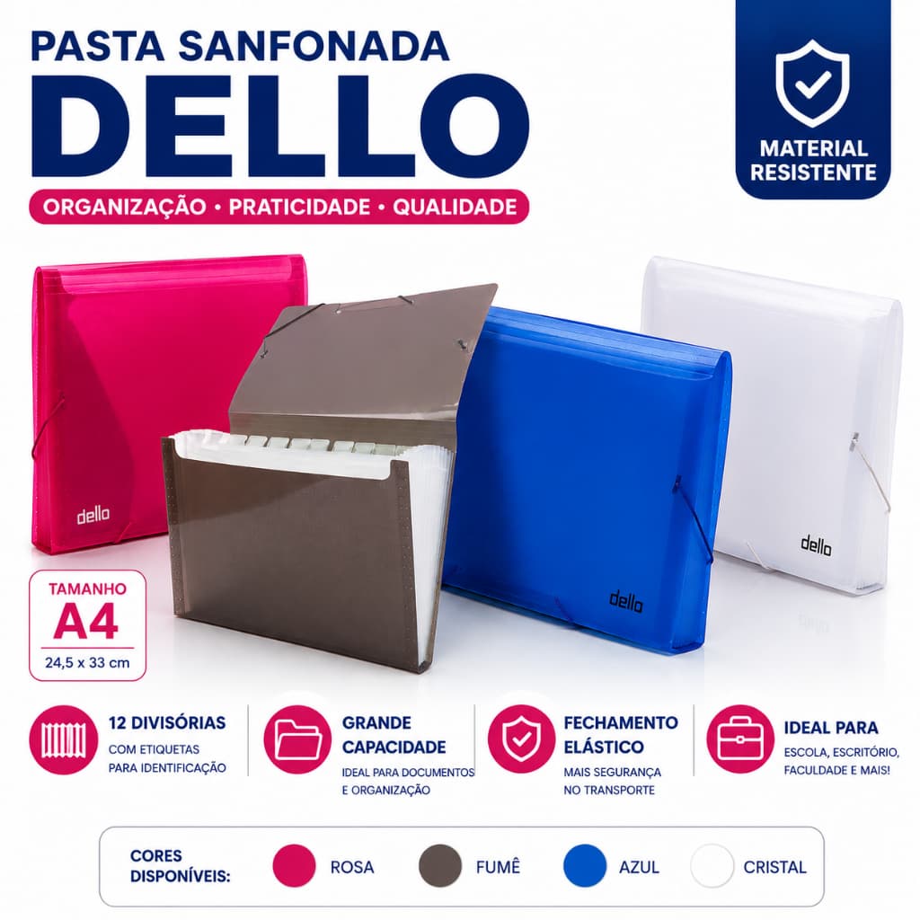 Pasta Sanfonada A4 12 Divisórias Várias Cores Unidade Dello