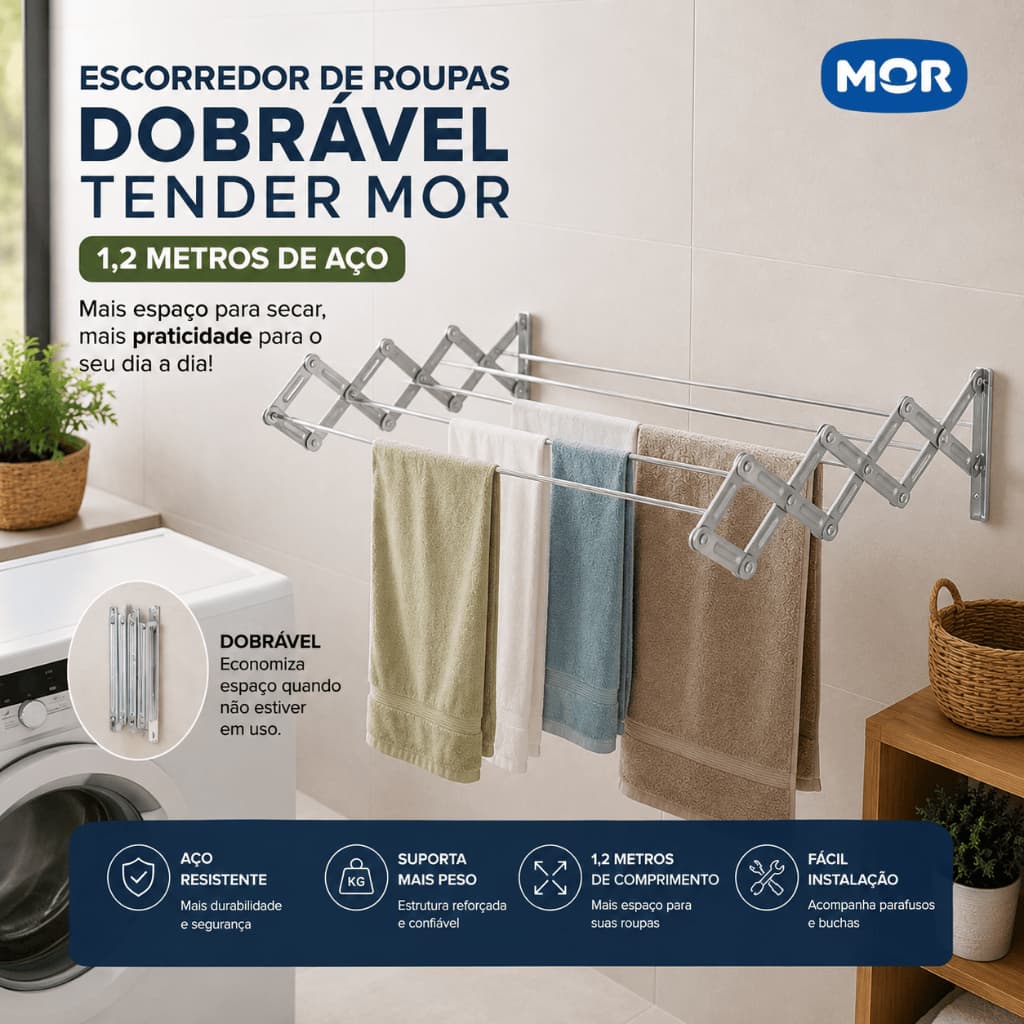Varal Sanfonado de Parede Mor 1,2m Aço Dobrável Retrátil Escorredor de Roupas Resistente