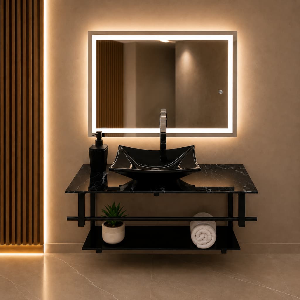 Gabinete para Banheiro Com Espelho com Led Touch 40x40 50x40 60x40 Com Cuba Quadrada Moderno de Luxo Cores Variadas