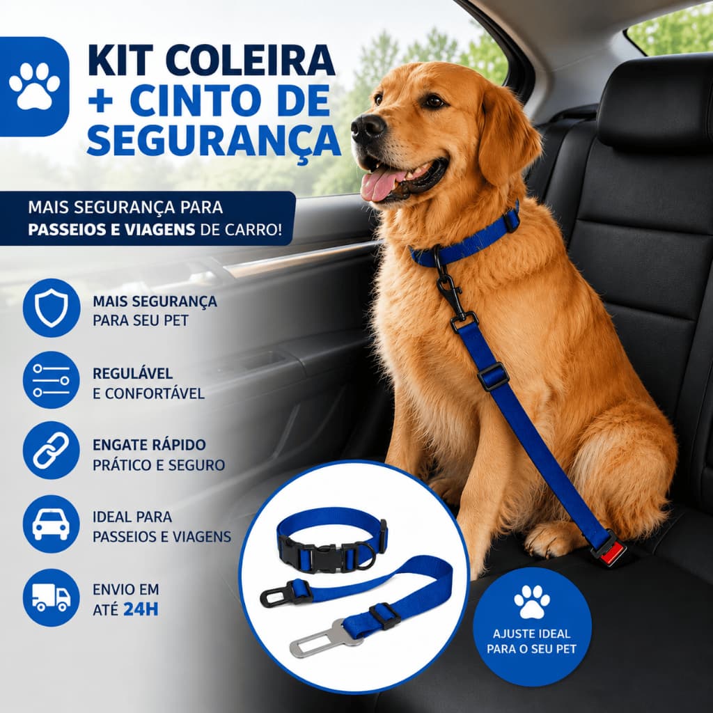 Kit Coleira Pet + Cinto de Segurança Para Cachorro - Com Engate de Segurança, Regulável, Ajustável, Resistente