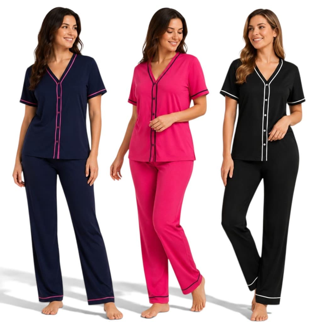Kit 2 Pijamas Amamentação Americano cirúrgico com botões em Malha Cores Sortidas