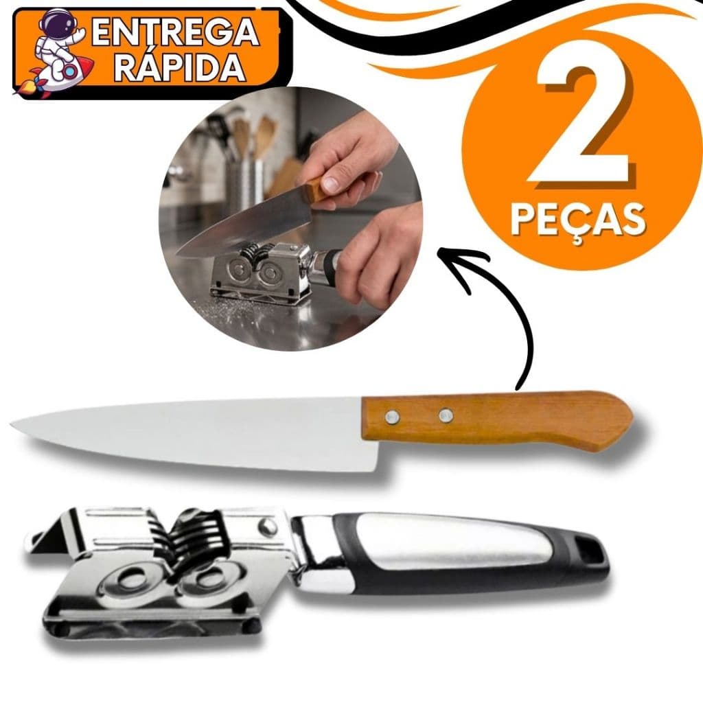 Kit 2 Facas Chef Inox 7″ Profissional + Amolador – Corte Preciso na Cozinha Carnes Legumes