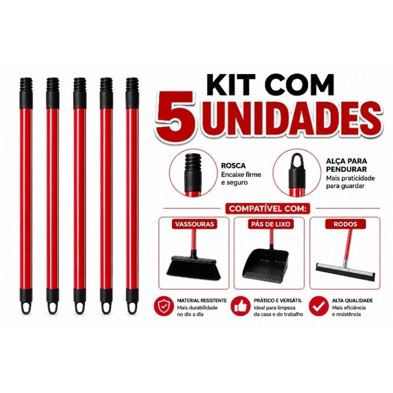 Kit 5 Cabos com Rosca para Vassoura, Rodo e Pá