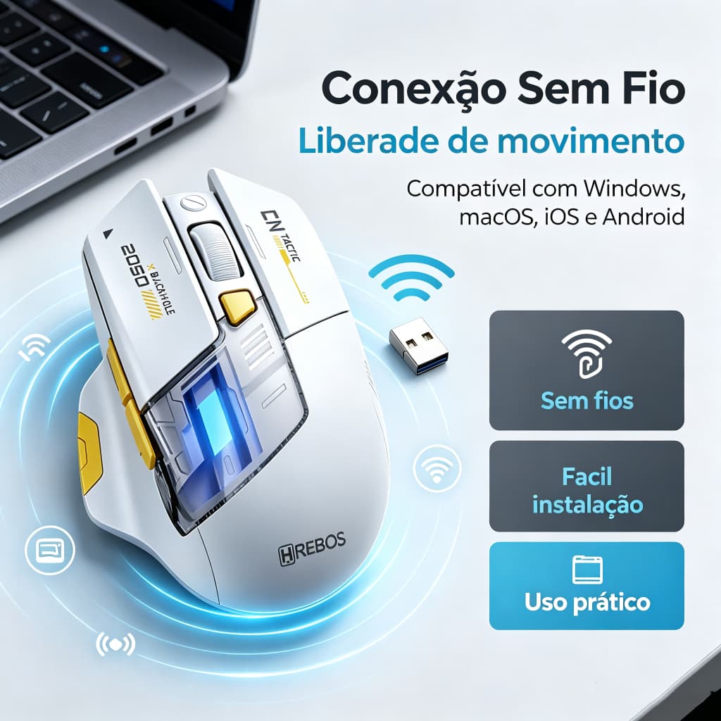 Mouse Gamer Sem Fio Hrebos Ultra Leve Recarregável 100h Bateria DPI Ajustável Para PC Notebook