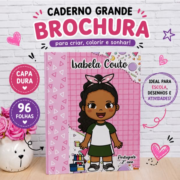 CADERNO BROCHURA GRANDE PAUTADO 96 FOLHAS | Caderno Brochura Grande Personalizado Infantil com Nome | Caderno Grande