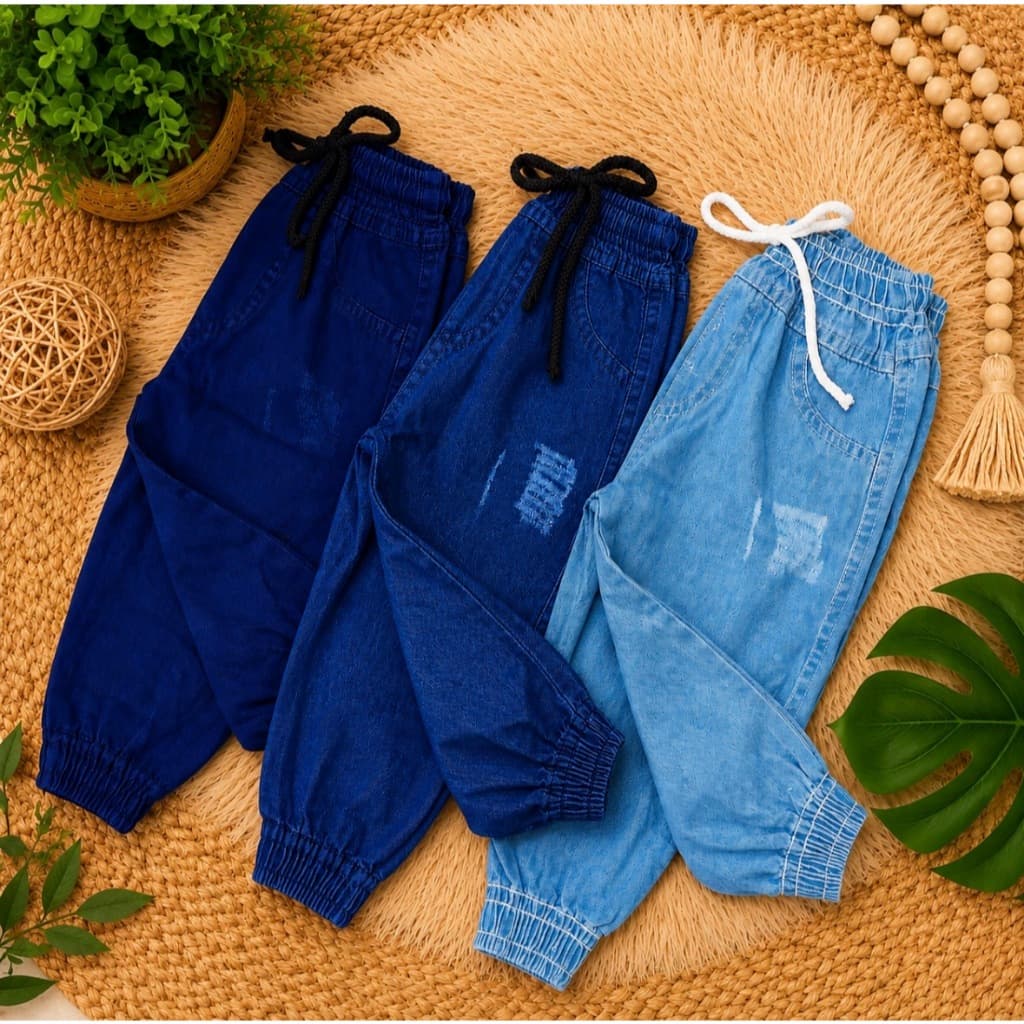 Calça Jeans Jogger Lisa Bebê Infantil Tamanhos BB,1,2,4,6 Com Elástico na Perna e Cintura com Cordão