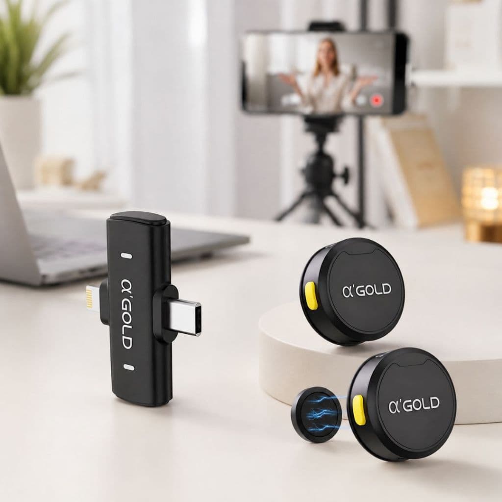 Microfone de Lapela Sem Fio A'Gold MCF-38D 2 em 1 Type-C e Lightning | Compacto e Portátil | Cancelamento de Ruído
