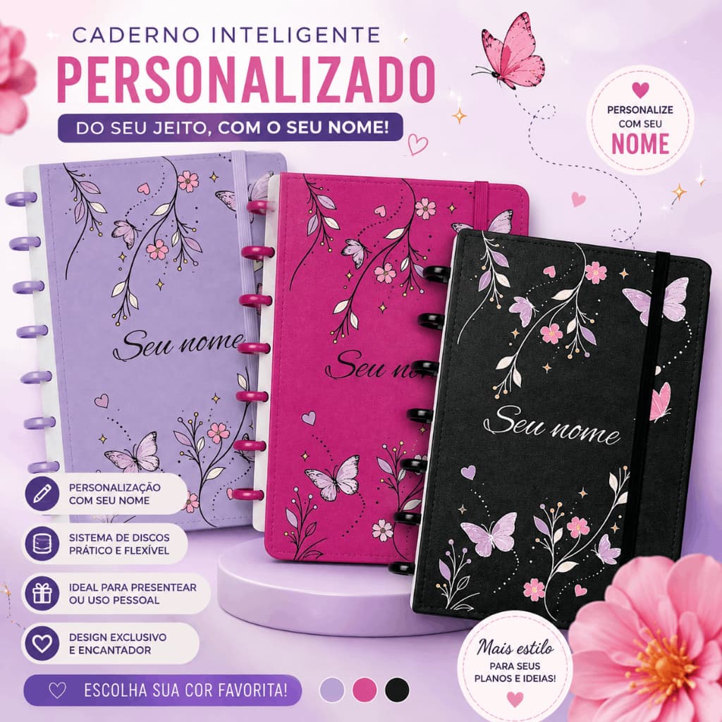 Caderno Inteligente Personalizado com Nome |Flores e Borboletas l|Presente Criativo Personalizado