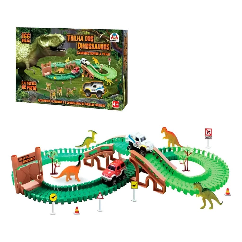 Trilha Dinossauros Com Carrinho Elétrico 166 Peças Pista Infantil Completa Educativa Braskit