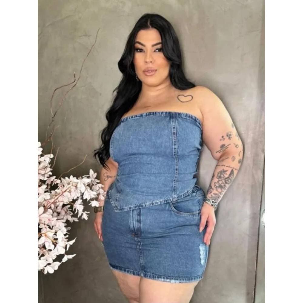 Conjunto Feminino Jeans Plus Size Saia e Assimétrico