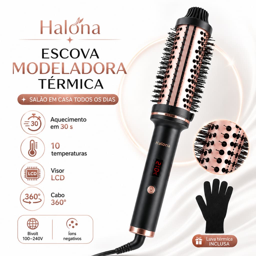 Halona Escova Modeladora Térmica 65W Bivolt 100-240V 10 Temperaturas Visor LCD Íons Negativos Cabo 360° Para Alisar