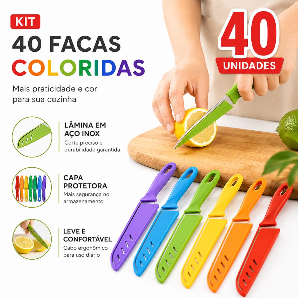Kit 40 Facas Coloridas Aço Inoxidável Jogo de Faqueiro 20cm Cozinha Legumes Multiuso