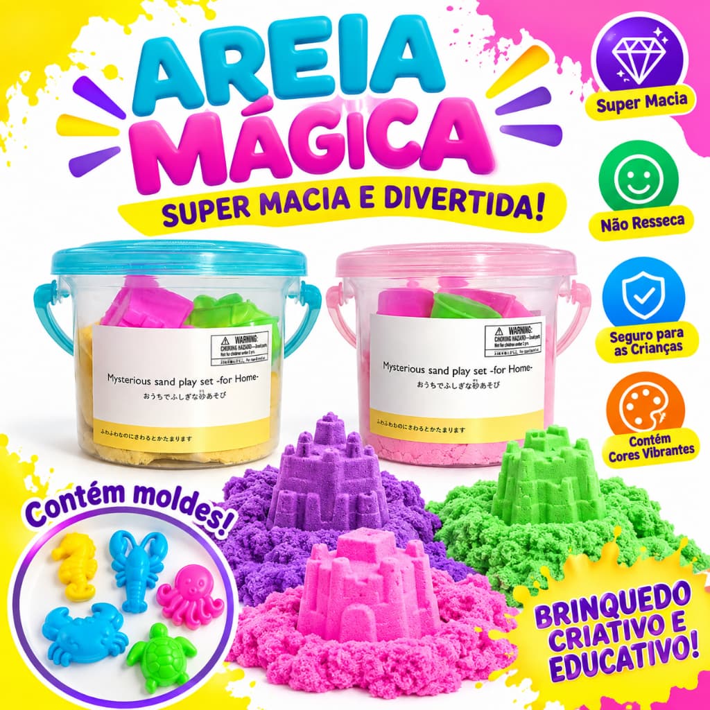 Areia Mágica Cinética Infantil com Moldes Balde Sensorial Super Macia Brinquedo Educativo
