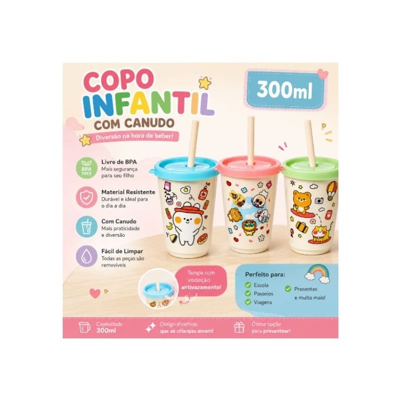 Kit 2 Copos Com Tampa e Canudo Mega Fofo Sortidos Infantil 300ml
