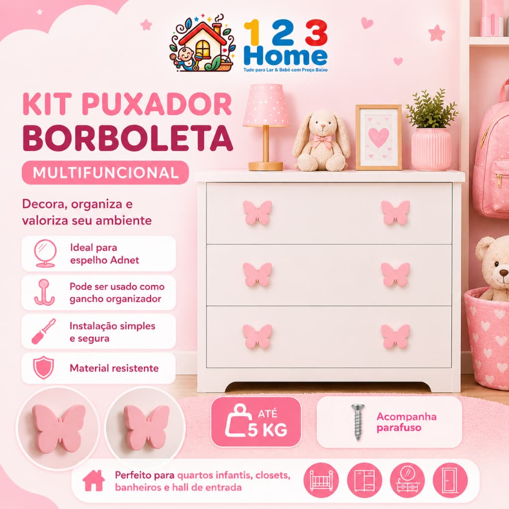 Kit Puxadores Borboleta Infantil para Gaveta e Porta | Guarda-Roupa, Cômoda e Criado-Mudo