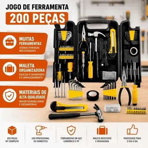 Conjunto Ferramentas Maleta 200 Pecas Soquetes Chaves Multifuncional Reparo Facil Profissional