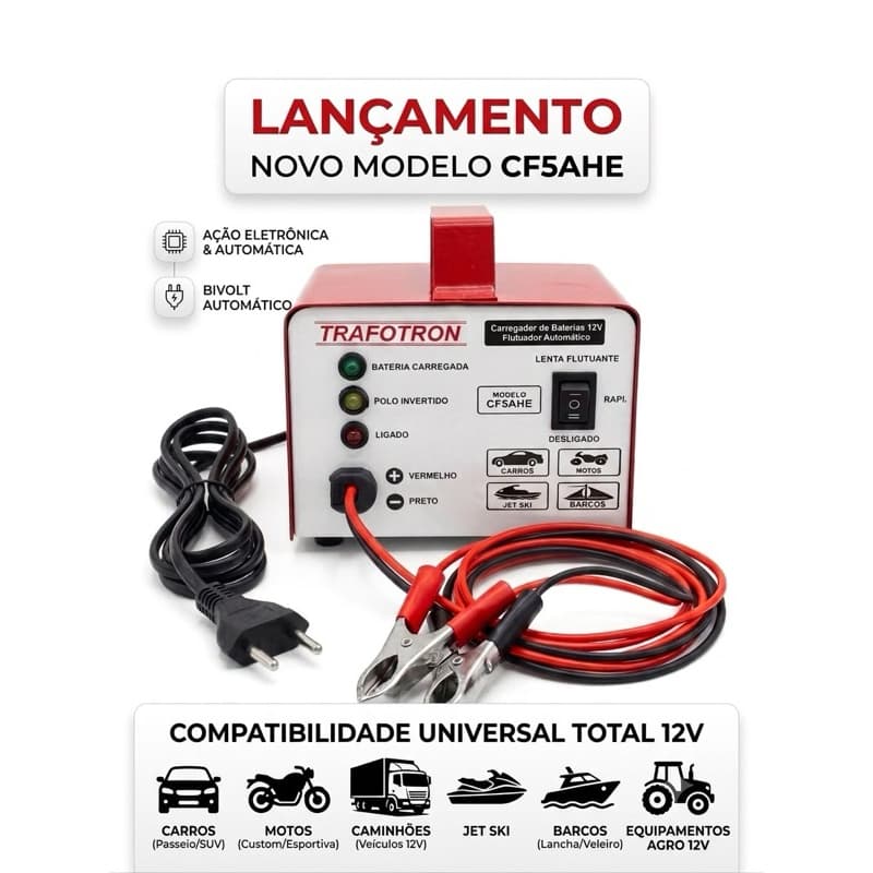 Carregador Inteligente de Baterias Trafotron CF5AHE 12V 5A Bivolt 127/220V Automático