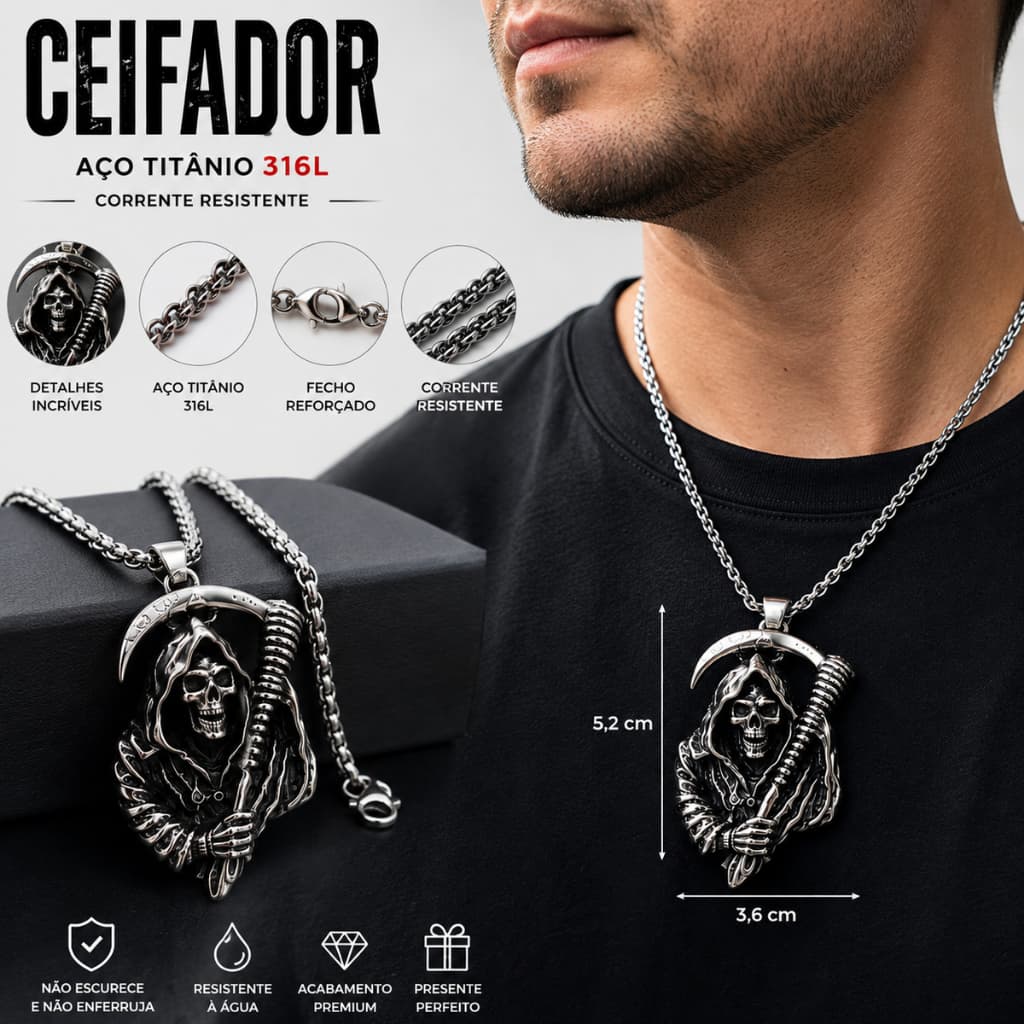 Colar Masculino Ceifador Caveira Aço 316L Corrente Gótica Rock Presente