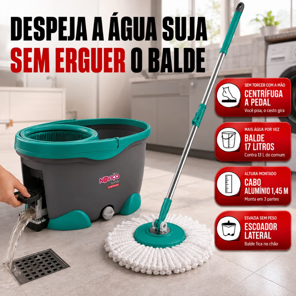 Mop Giratório com Pedal Balde 17L Turbo Rodo Mop Esfregão Piso Porcelanato Microfibra Centrífuga