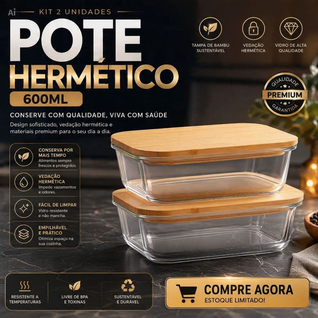 Kit 3 Potes Vidro Hermético Tampa Bambu Com Borracha de Vedação 600ml Conservação Alimentos