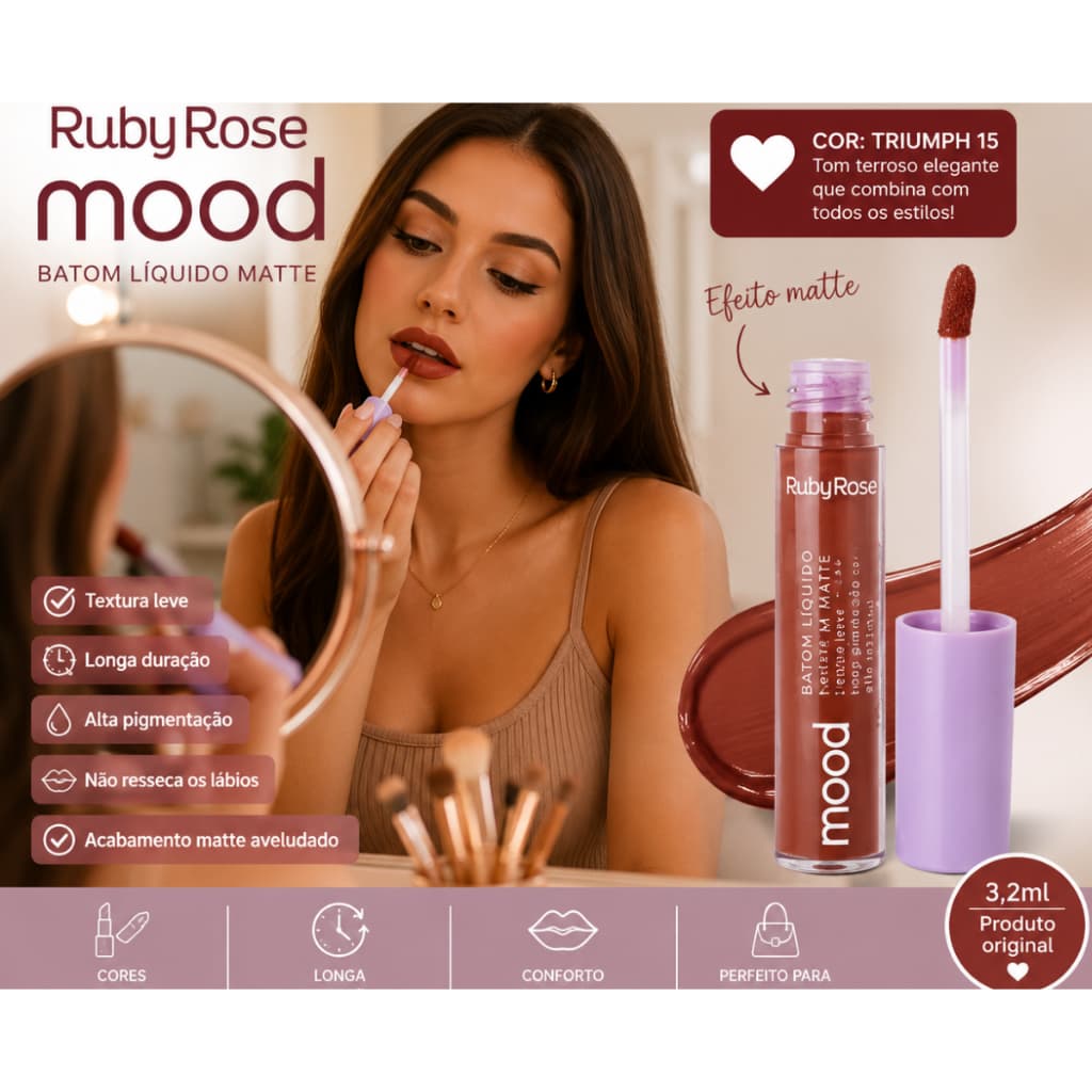 Batom Líquido Ruby Rose Mood 3,2 Ml Batom Líquido Ruby Rose Mood 3,2 Ml Batom Líquido Ruby Rose Mood 3,2 Ml Novo Batom L