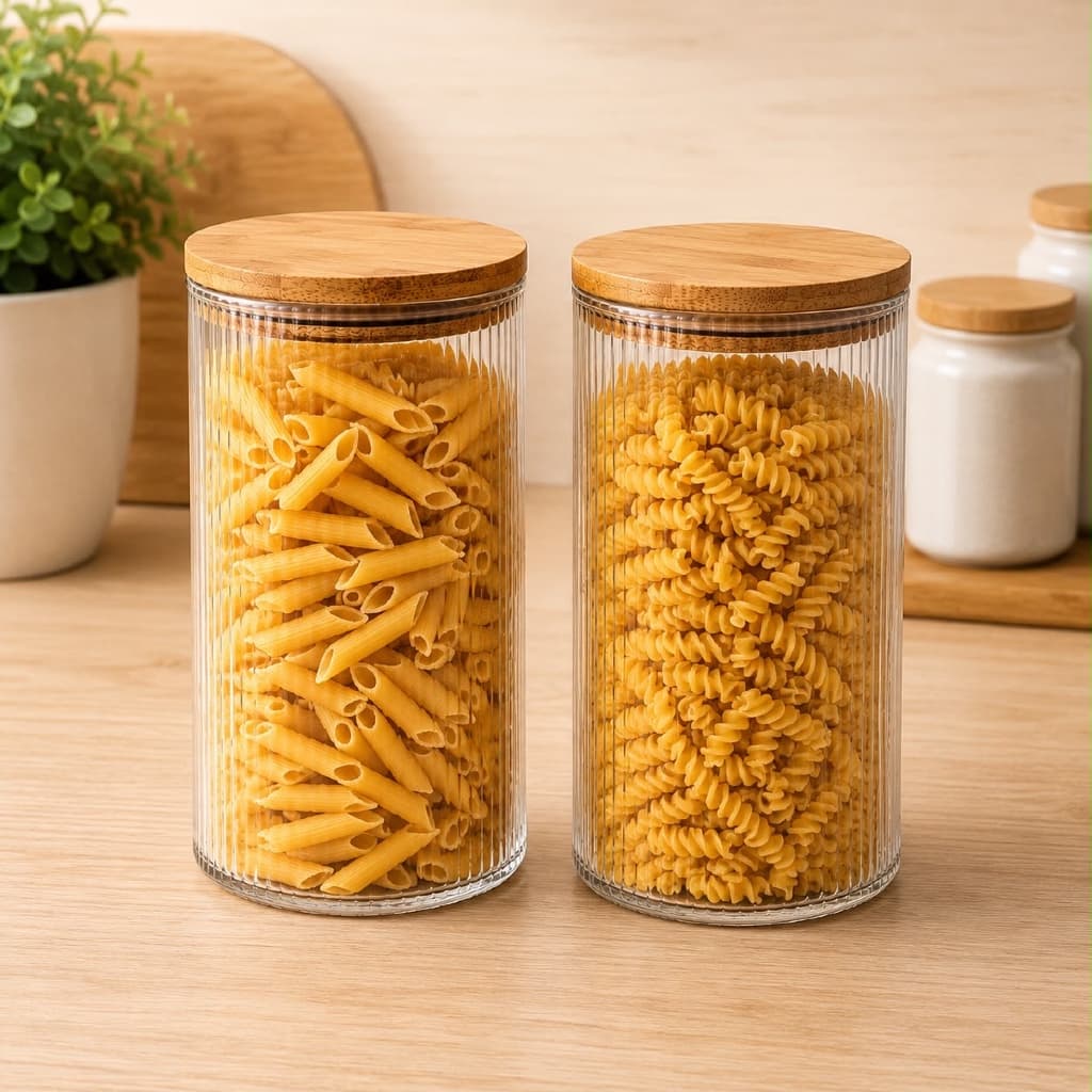 Kit 2 Potes De Vidro 1,4L Tampa Bambu Hermético Porta Mantimentos Organizador Cozinha