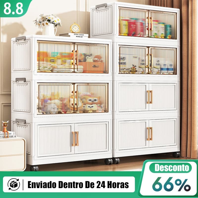 Caixa Organizadora Dobrável Armario Armazenamento Empilhavel Com Porta Rodinhas Multiuso