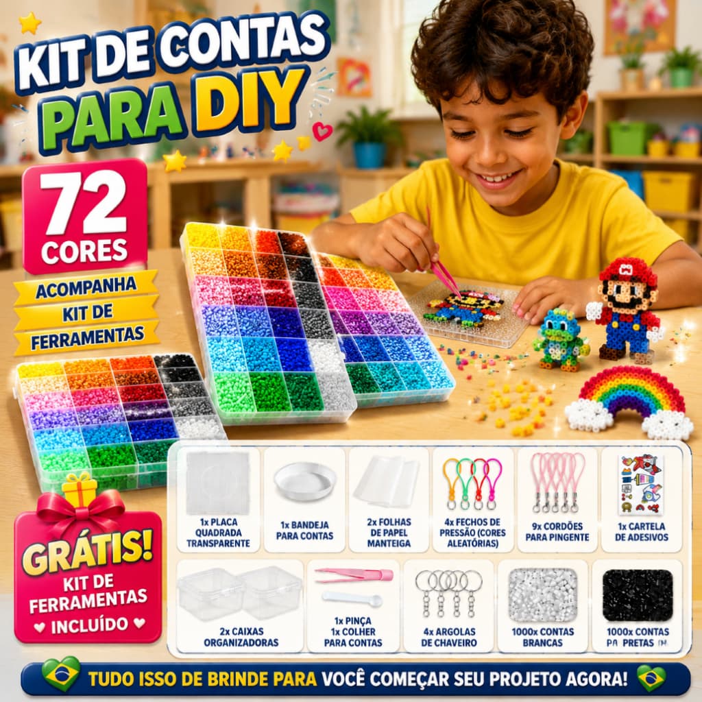 Kit Perler Beads 72 Cores DIY com Cerca de 30.000 Peças, Caixa e Ferramentas